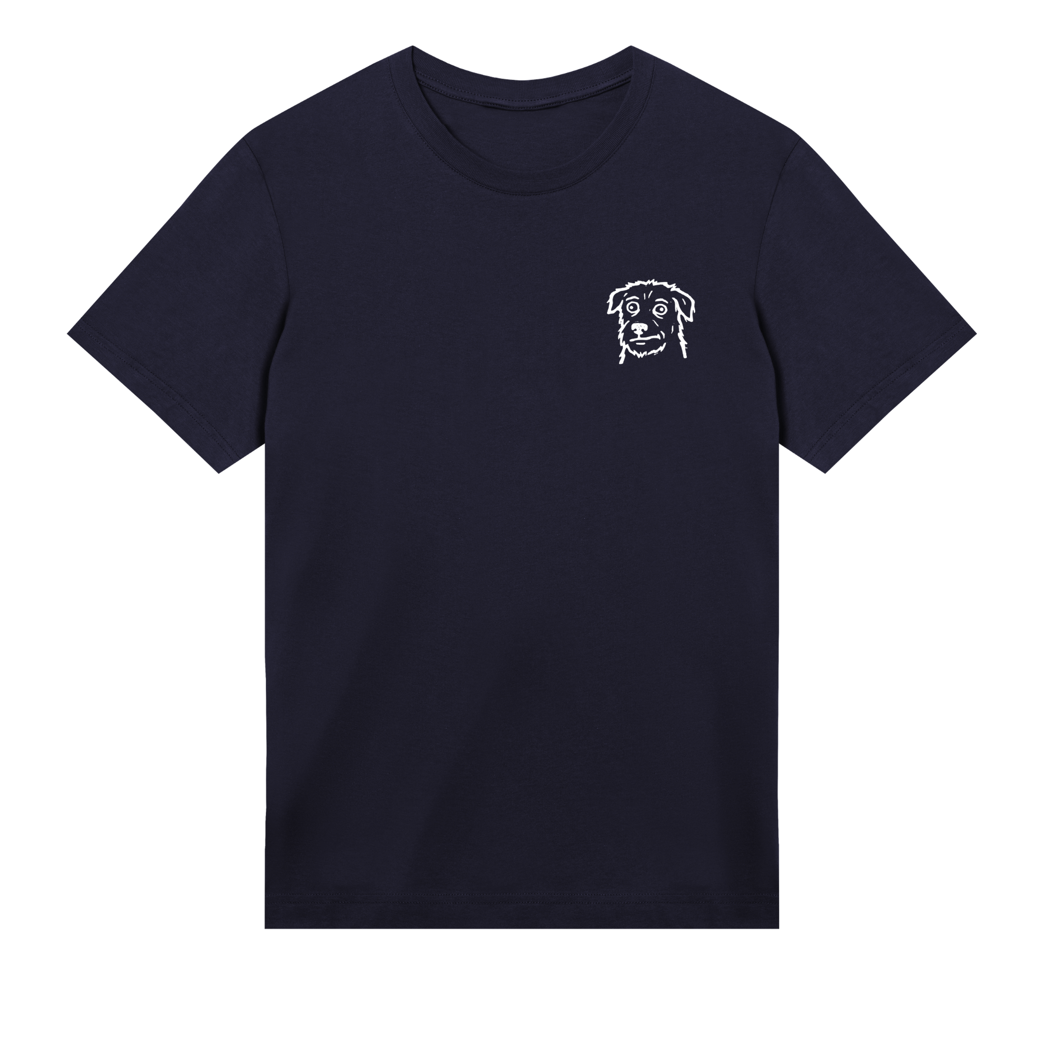 Navy blue t-shirt with a white dog graphic on a white background