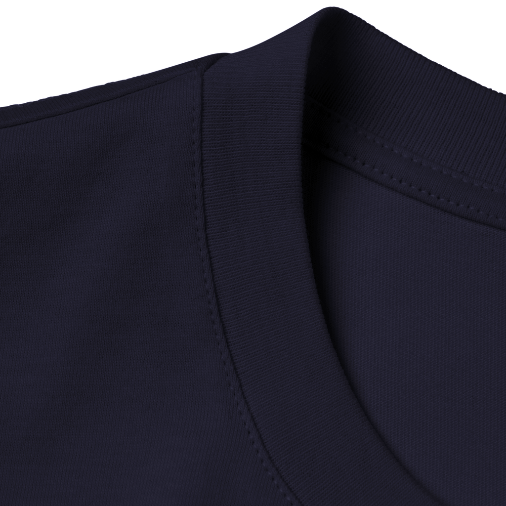 Close-up of a navy blue garment with a collar on a white background