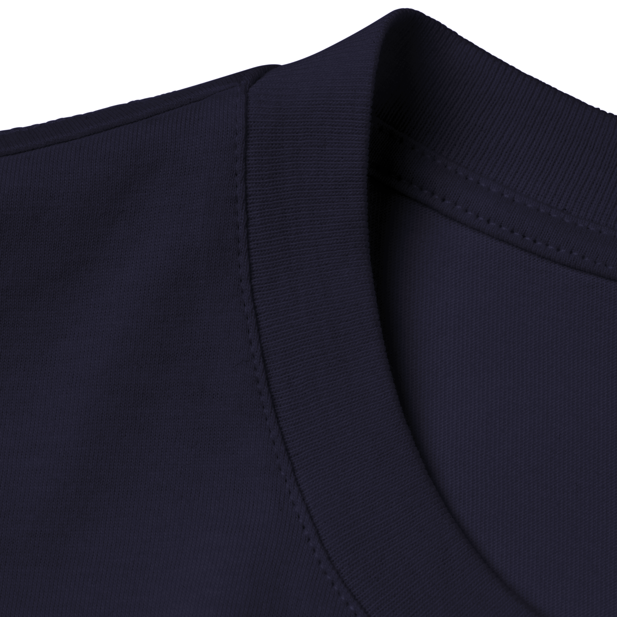 Close-up of a navy blue garment with a collar on a white background