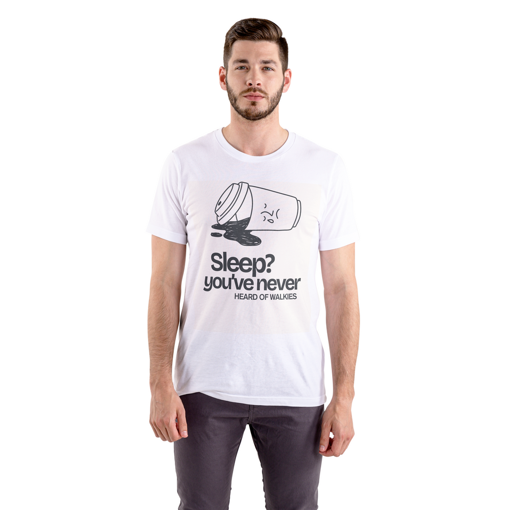 Man wearing a white t-shirt with text and graphic design on a white background