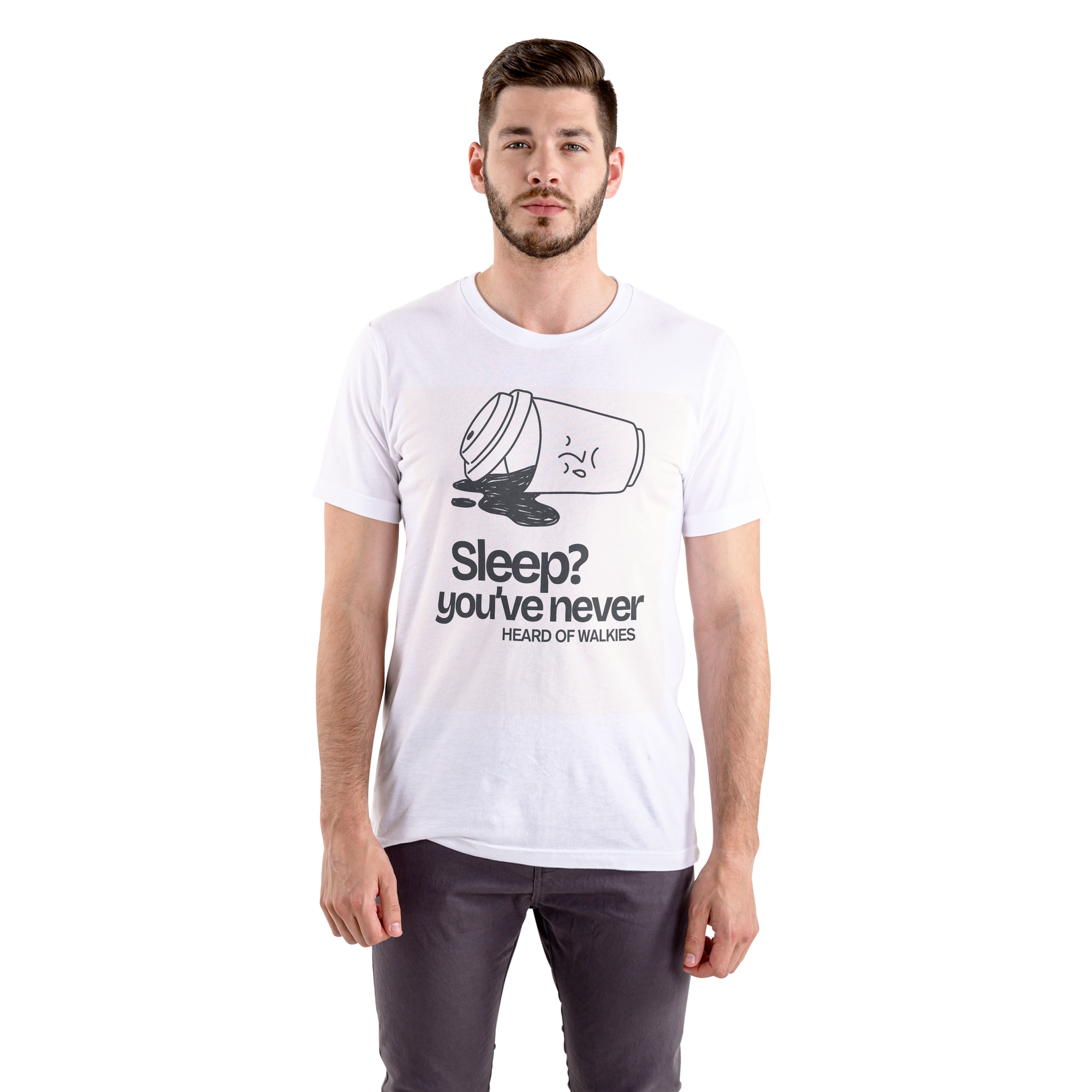 Man wearing a white t-shirt with text and graphic design on a white background