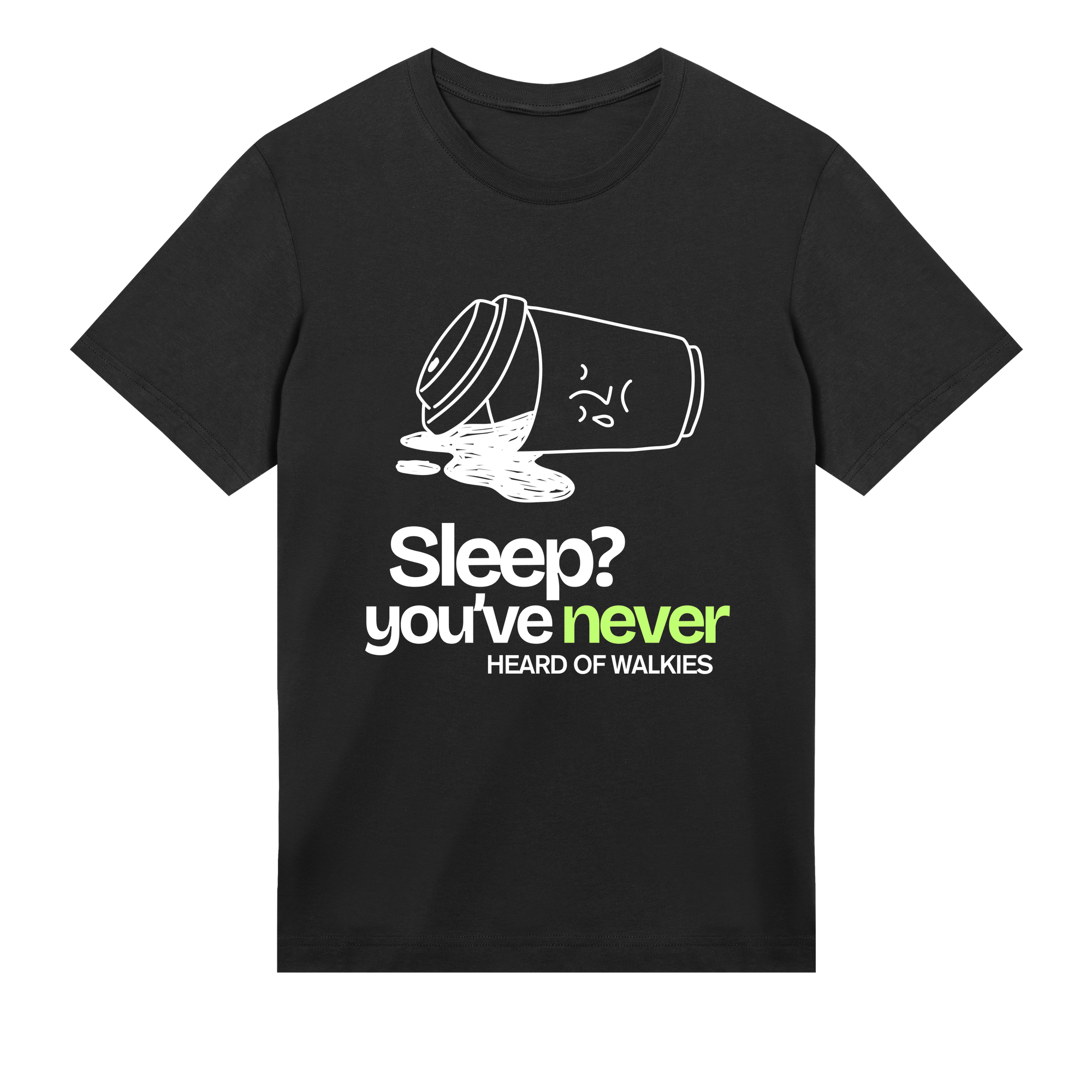 Black t-shirt with a graphic of a walkie-talkie and text on a white background