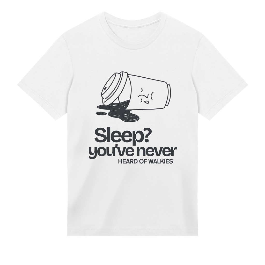 White t-shirt with black graphic and text on a white background