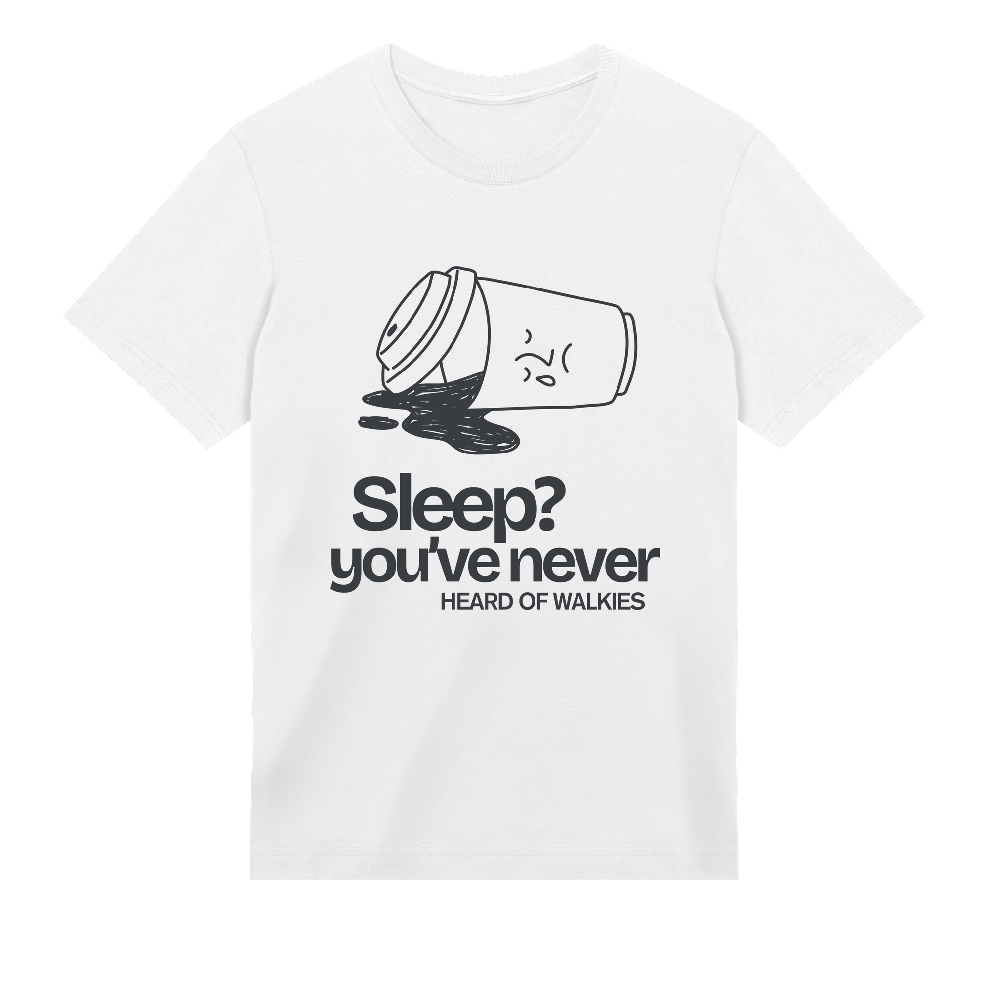 White t-shirt with black graphic and text on a white background