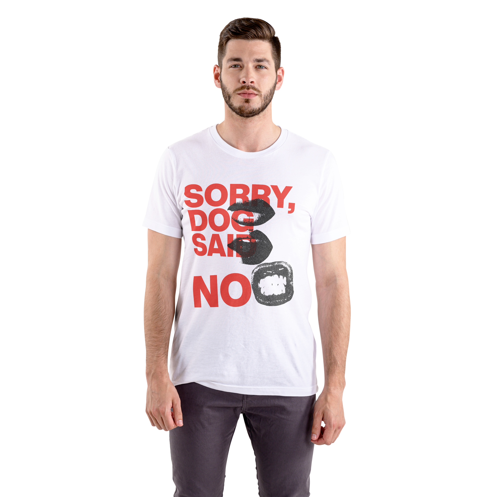 Man wearing a white t-shirt with red and black text on a white background