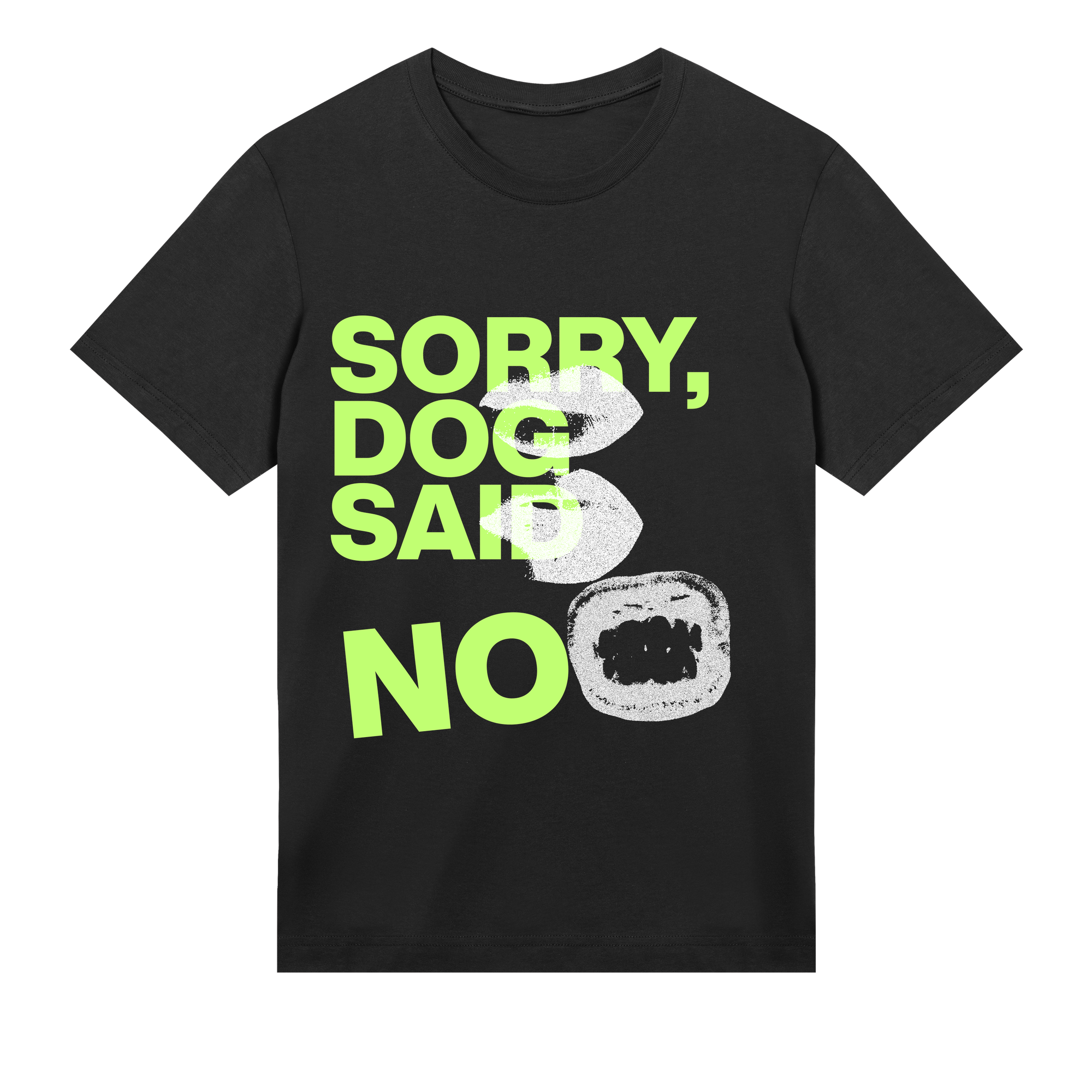 Black t-shirt with green and white text and graphics on a white background