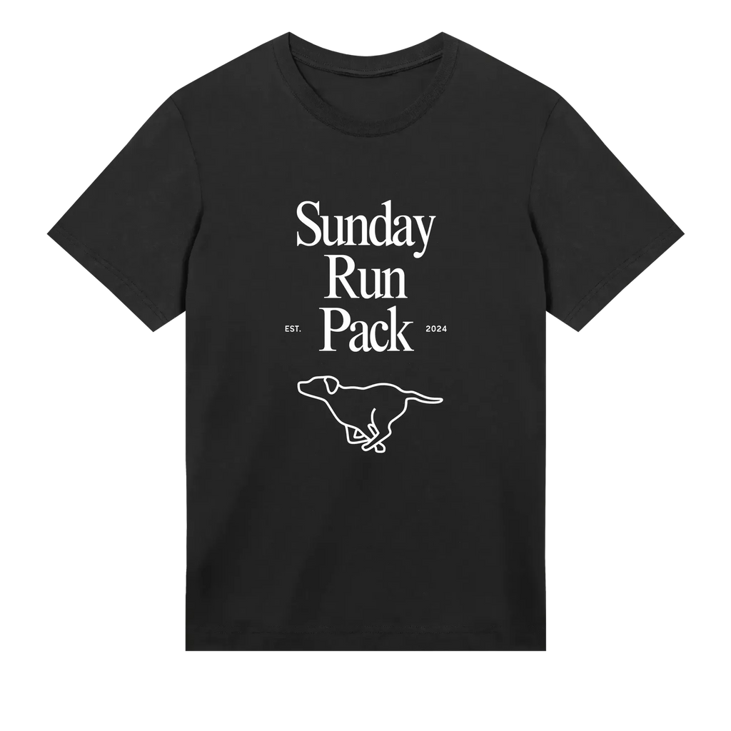 Black t-shirt with 'Sunday Run Pack' text and a running dog graphic on a white background