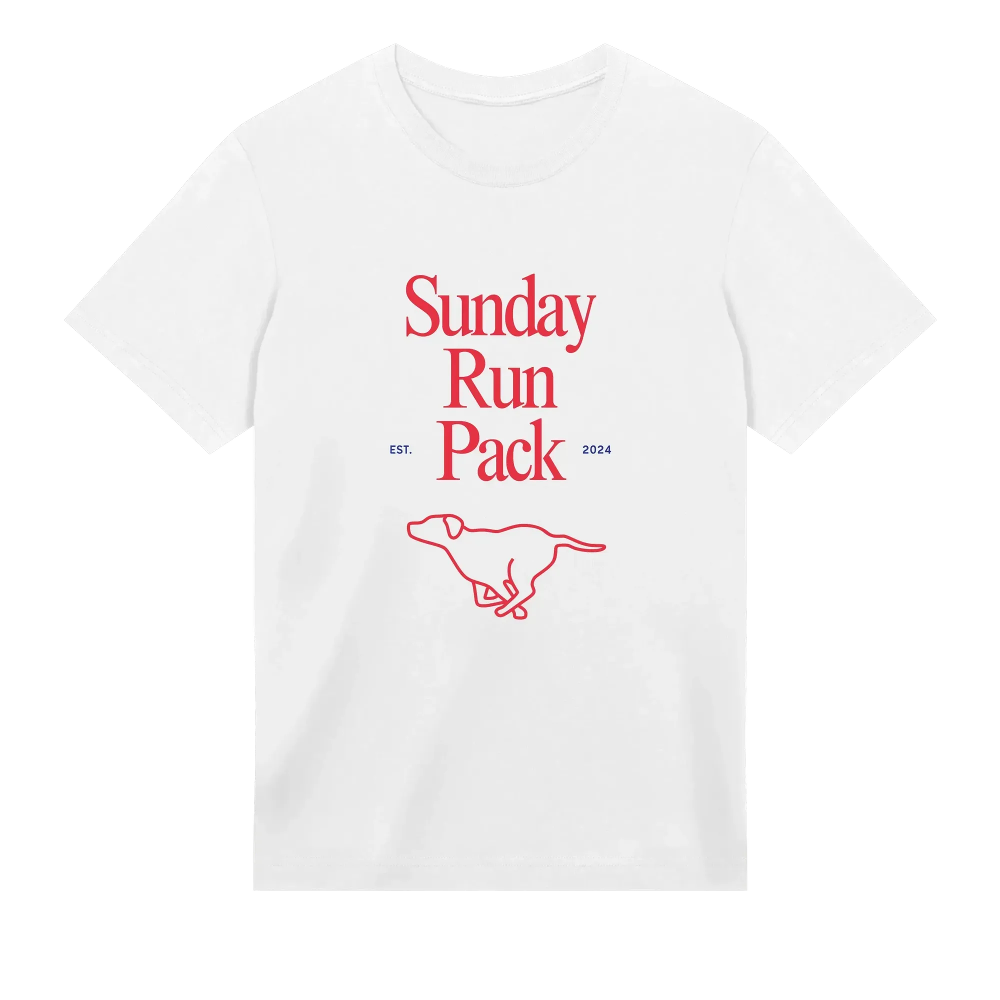 White t-shirt with red 'Sunday Run Pack' text and dog illustration on a white background