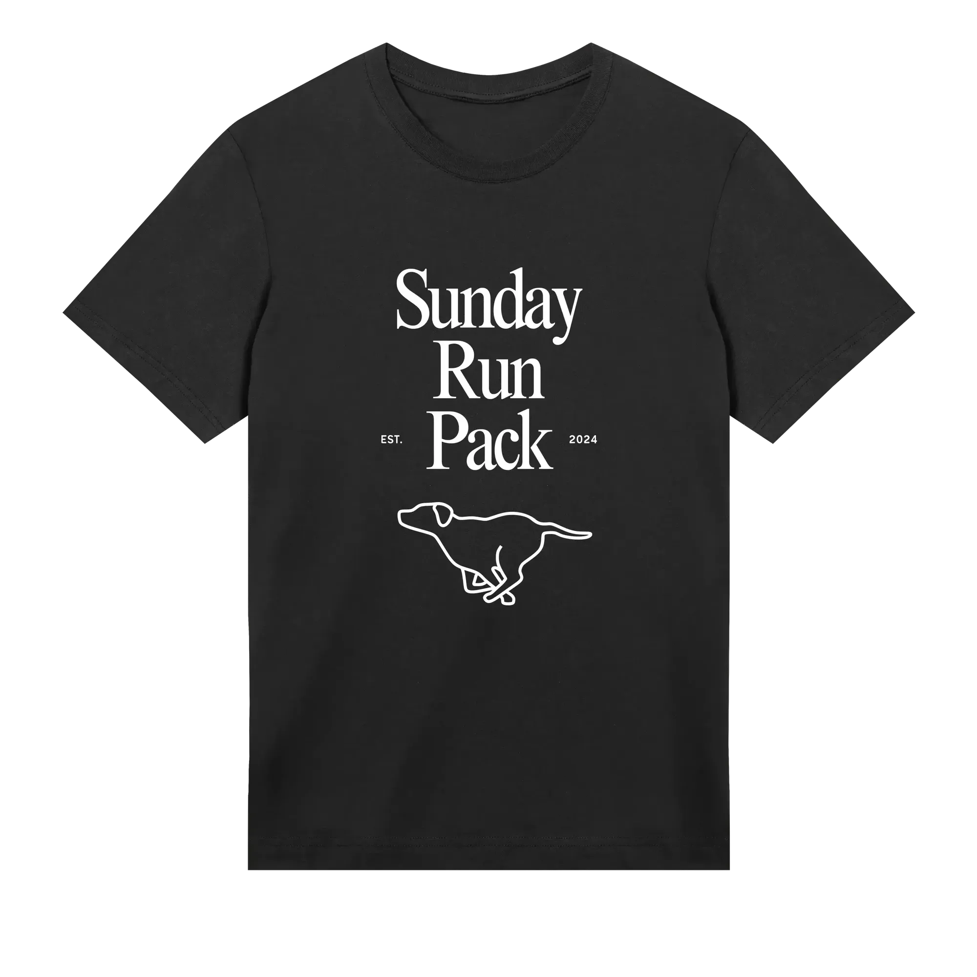 Black t-shirt with 'Sunday Run Pack' text and a running dog graphic on a white background