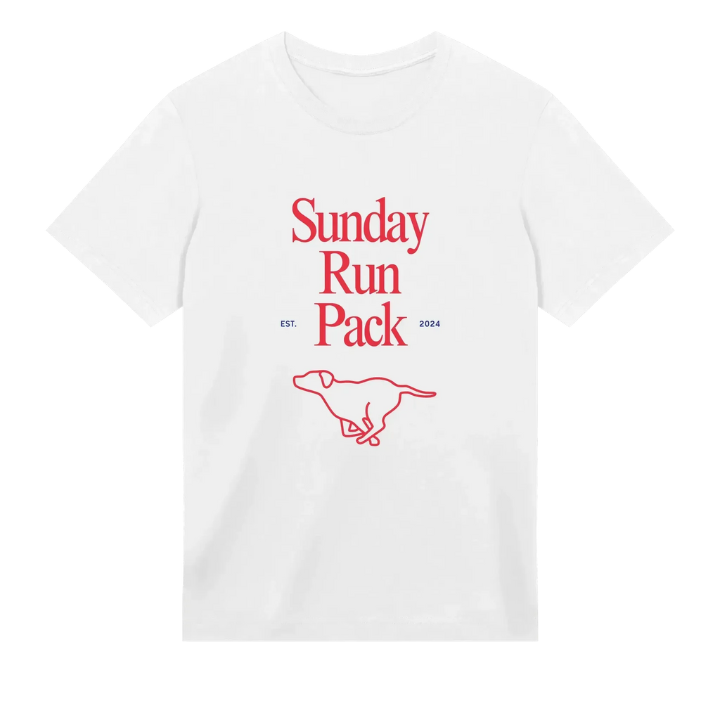 White t-shirt with red 'Sunday Run Pack' text and dog illustration on a white background