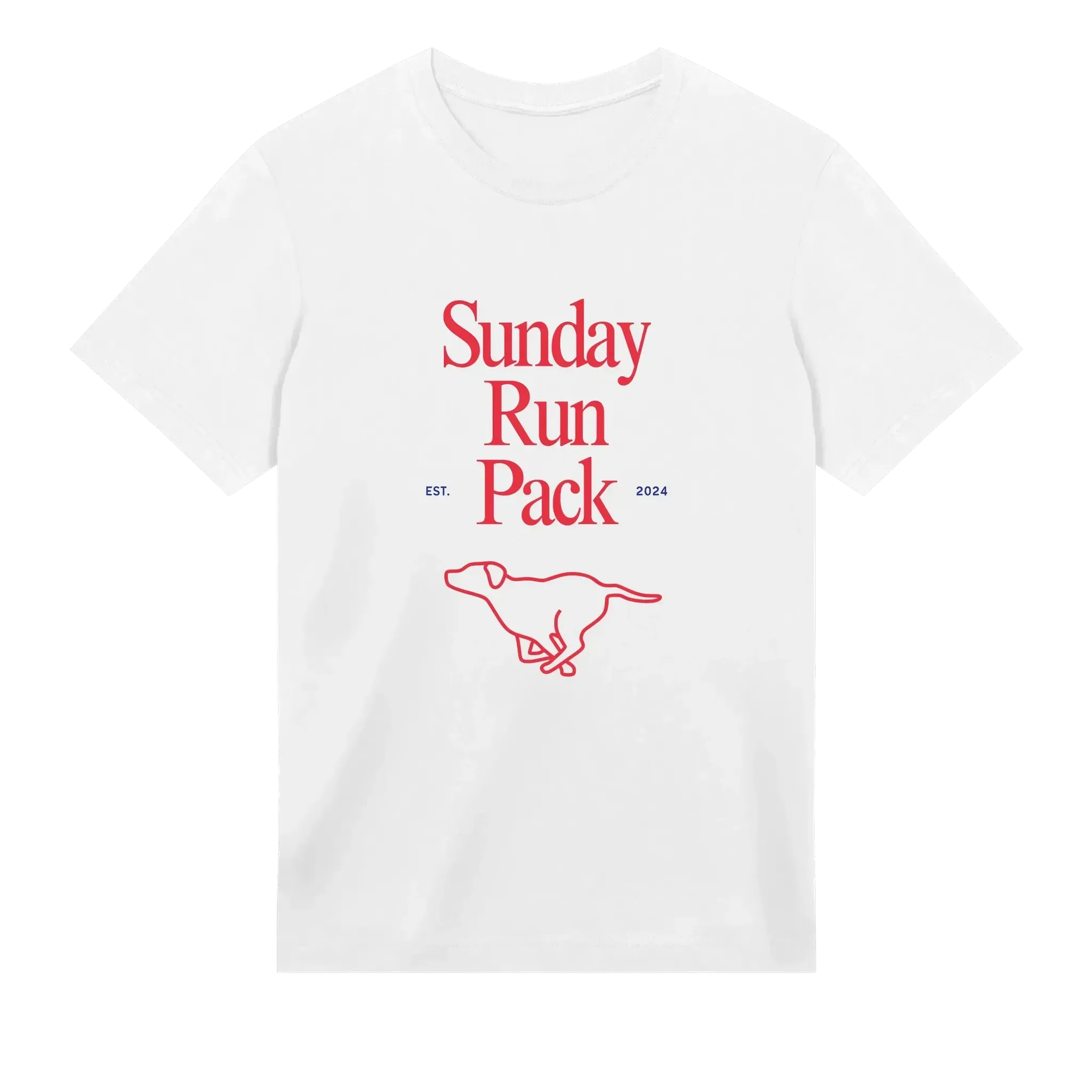 White t-shirt with red 'Sunday Run Pack' text and dog illustration on a white background