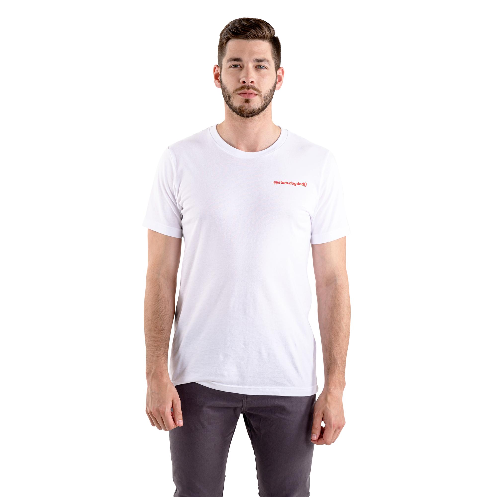 Man wearing a white t-shirt with a small red logo on a white background