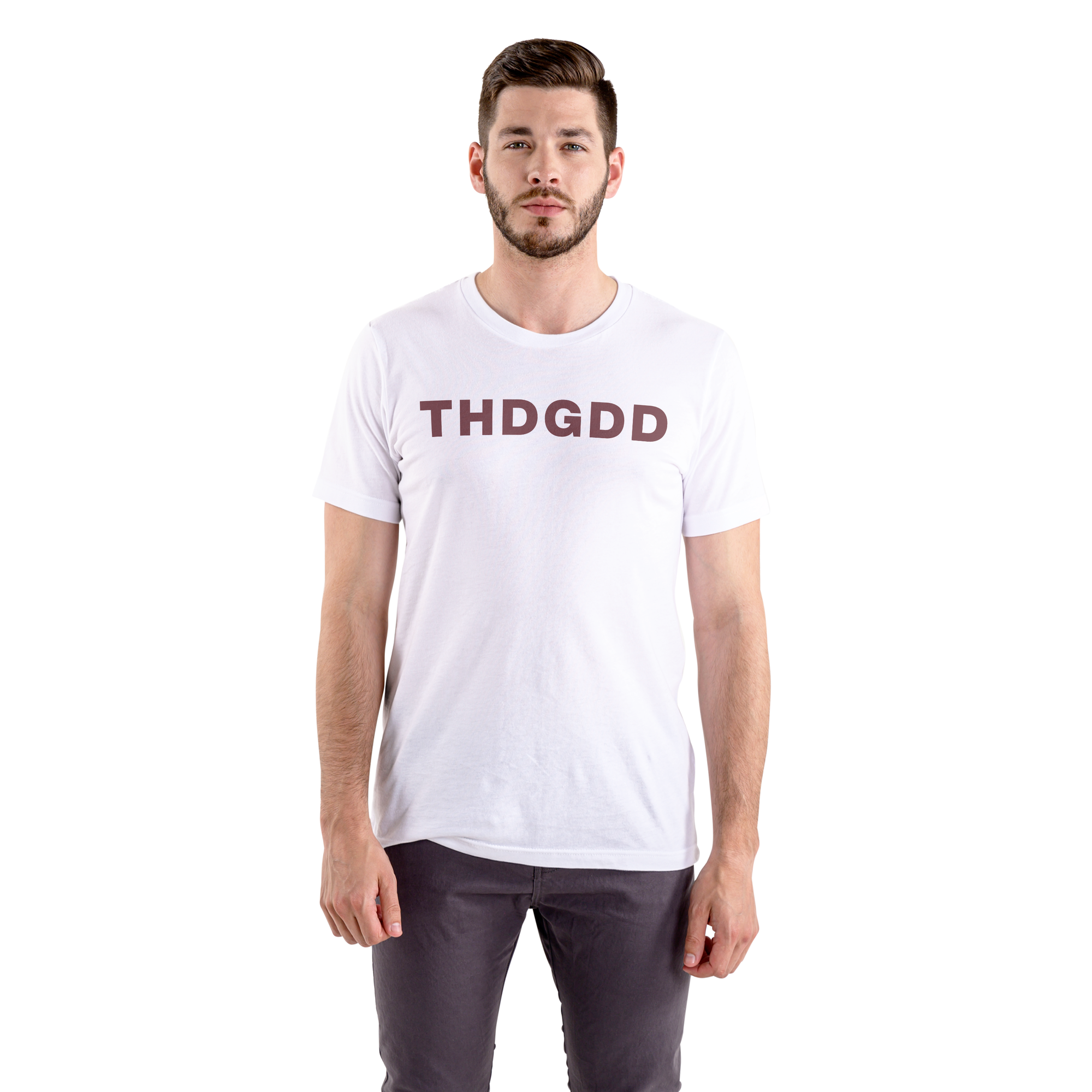 Man wearing a white t-shirt with 'THDGDD' text on a white background