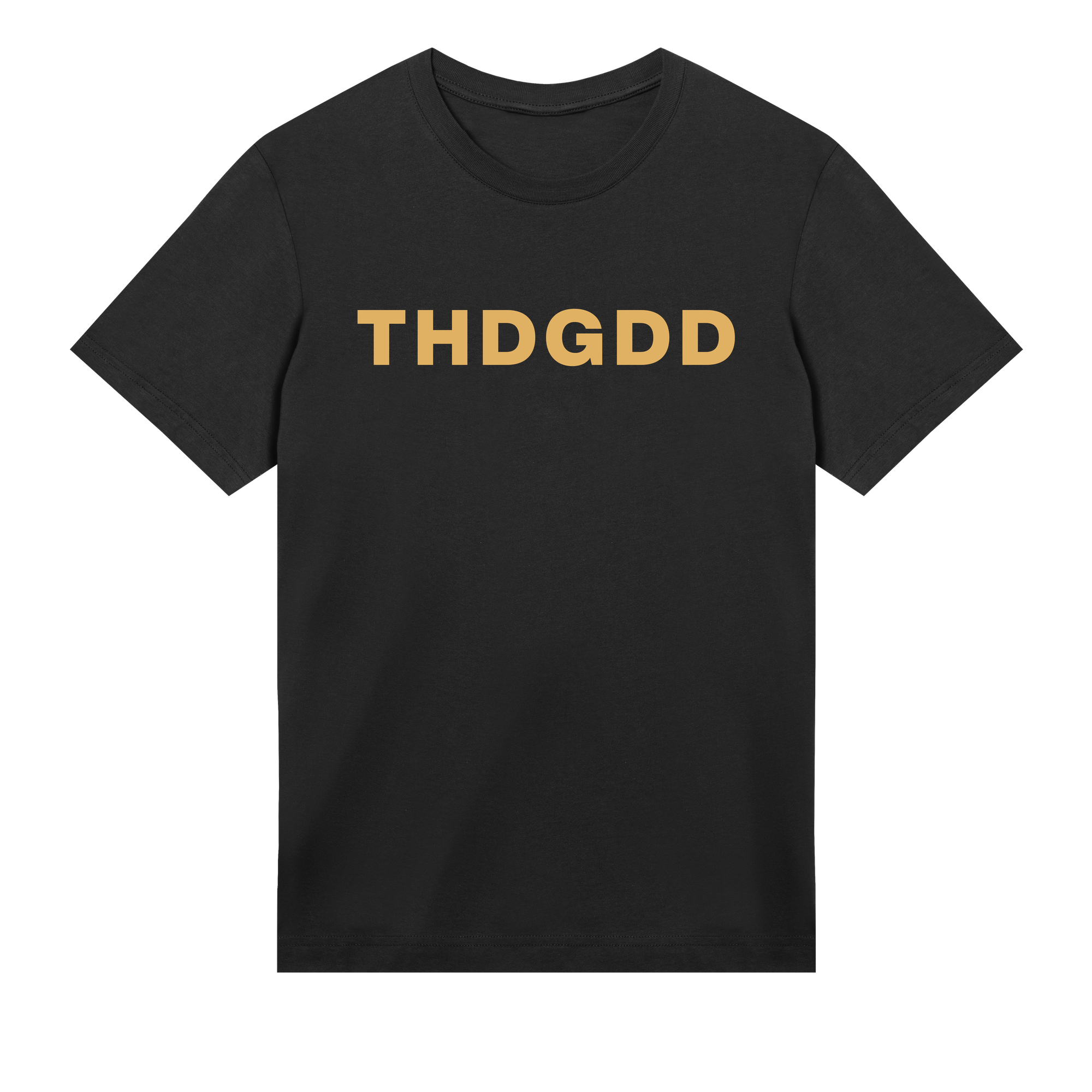 Black t-shirt with 'THDGDD' printed in gold on a white background