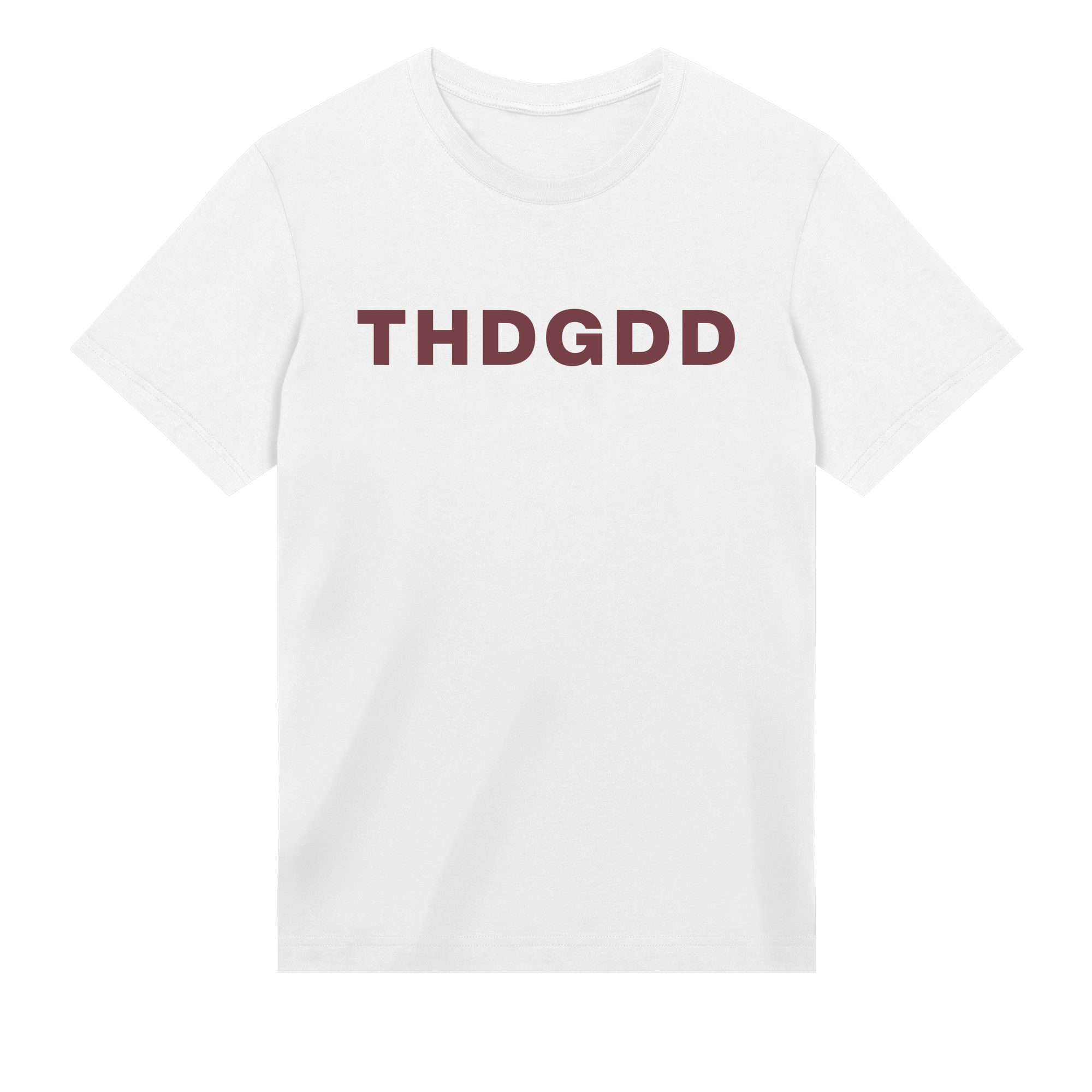 White t-shirt with 'THDGDD' printed in red on a white background
