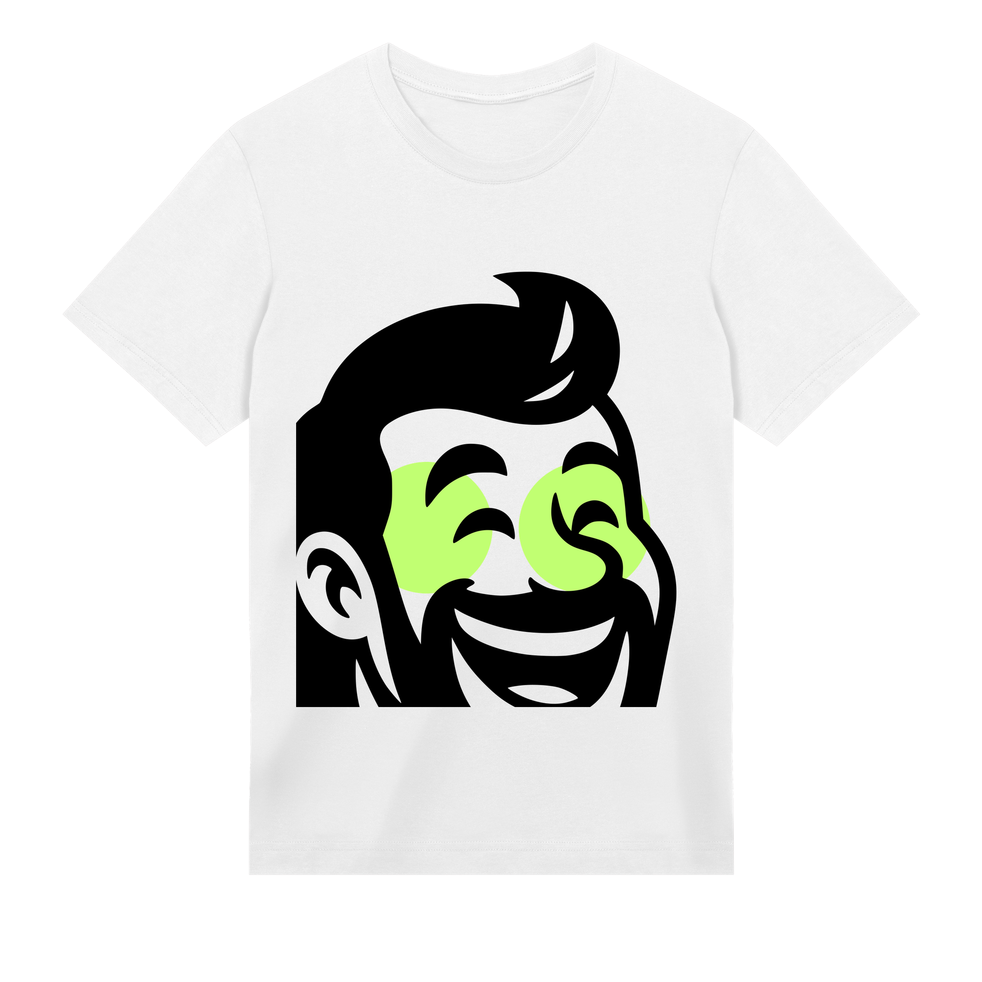 White t-shirt with a graphic design of a face with green eyes and black hair on a white background