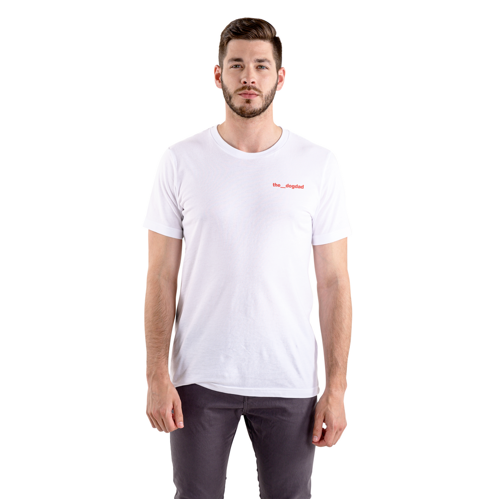 Man wearing a white t-shirt with a logo on a white background