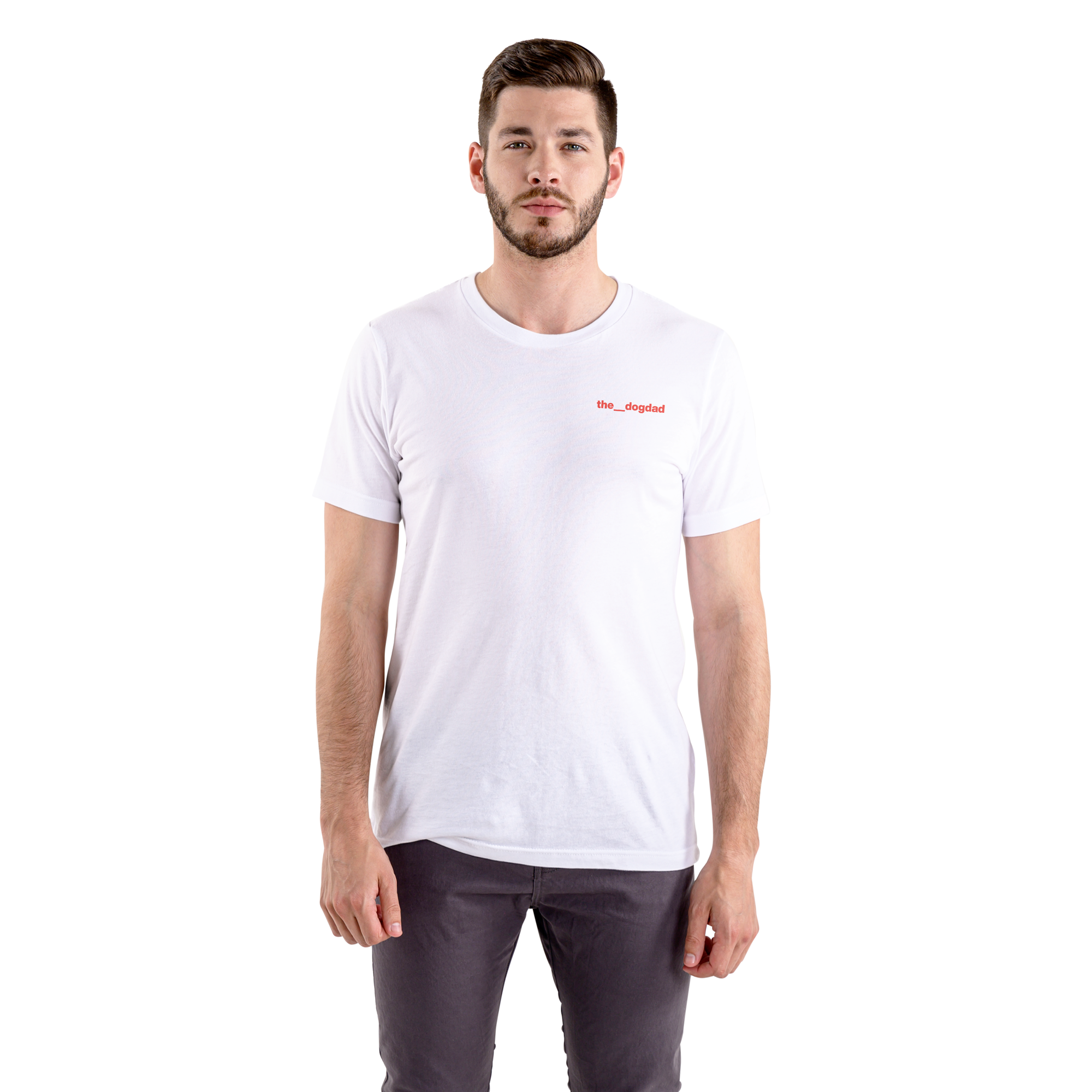 Man wearing a white t-shirt with a logo on a white background