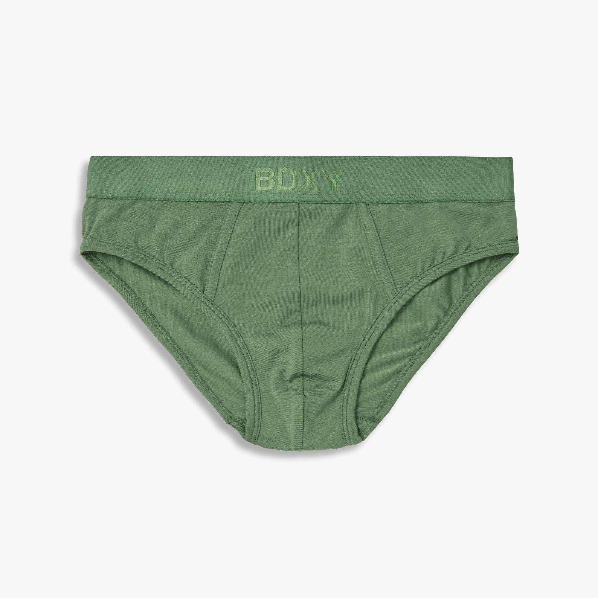 Green men's underwear with 'BDXY' branding on a white background