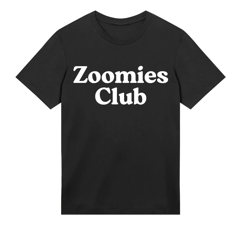 Black t-shirt with 'Zoomies Club' text on a white background