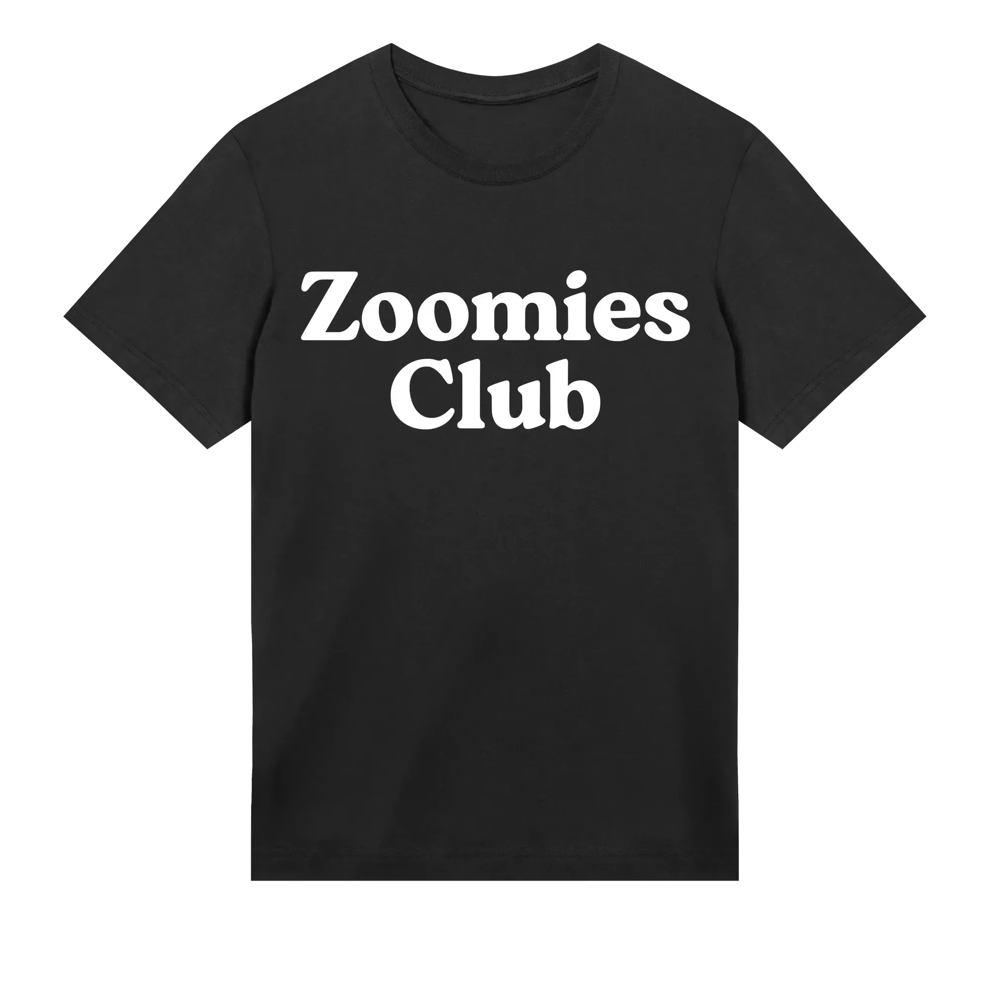 Black t-shirt with 'Zoomies Club' text on a white background
