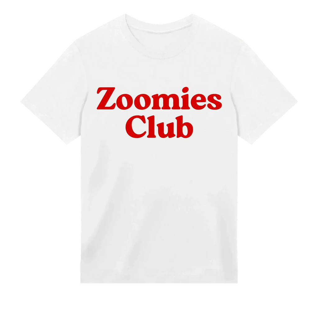 White t-shirt with 'Zoomies Club' text in red on a white background