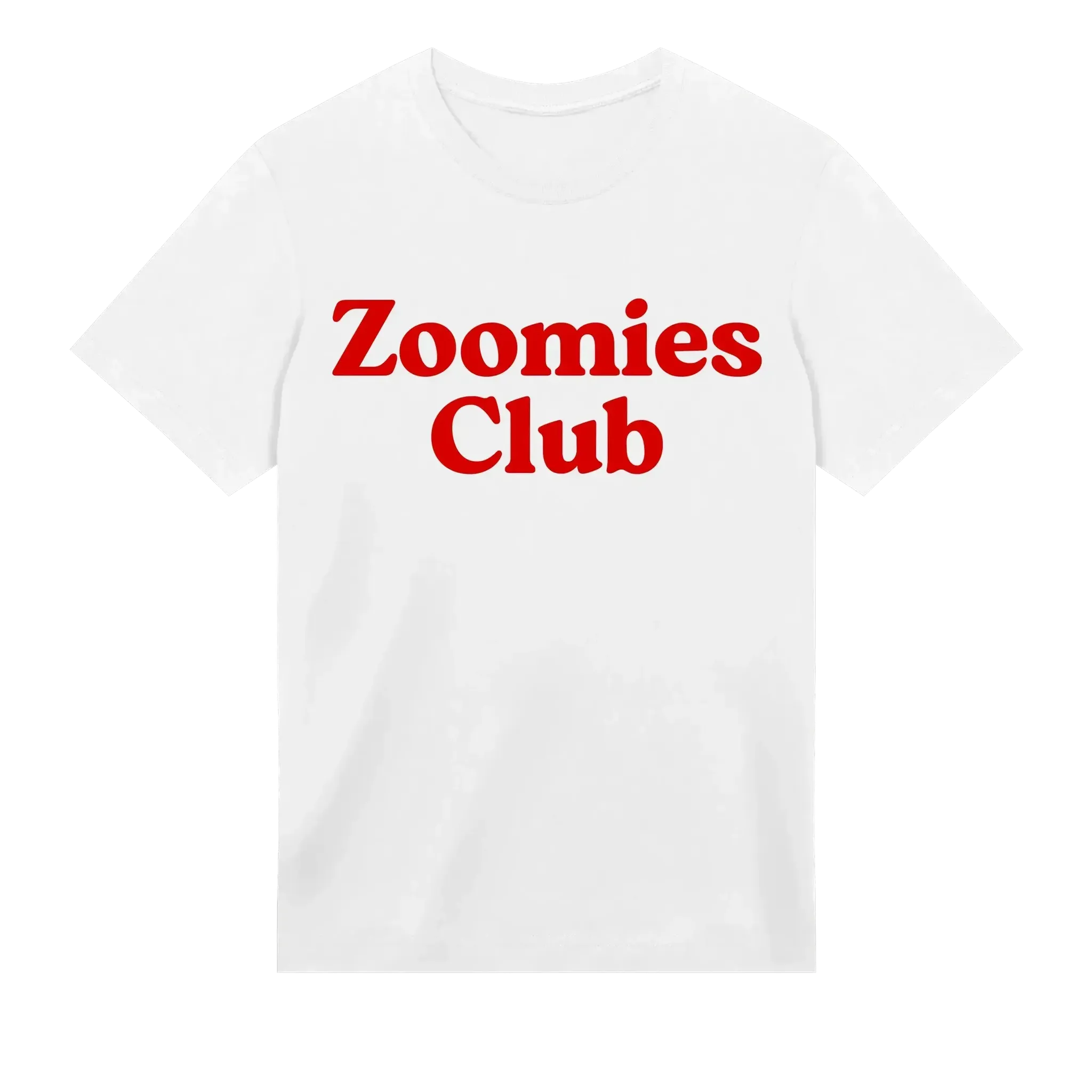 White t-shirt with 'Zoomies Club' text in red on a white background