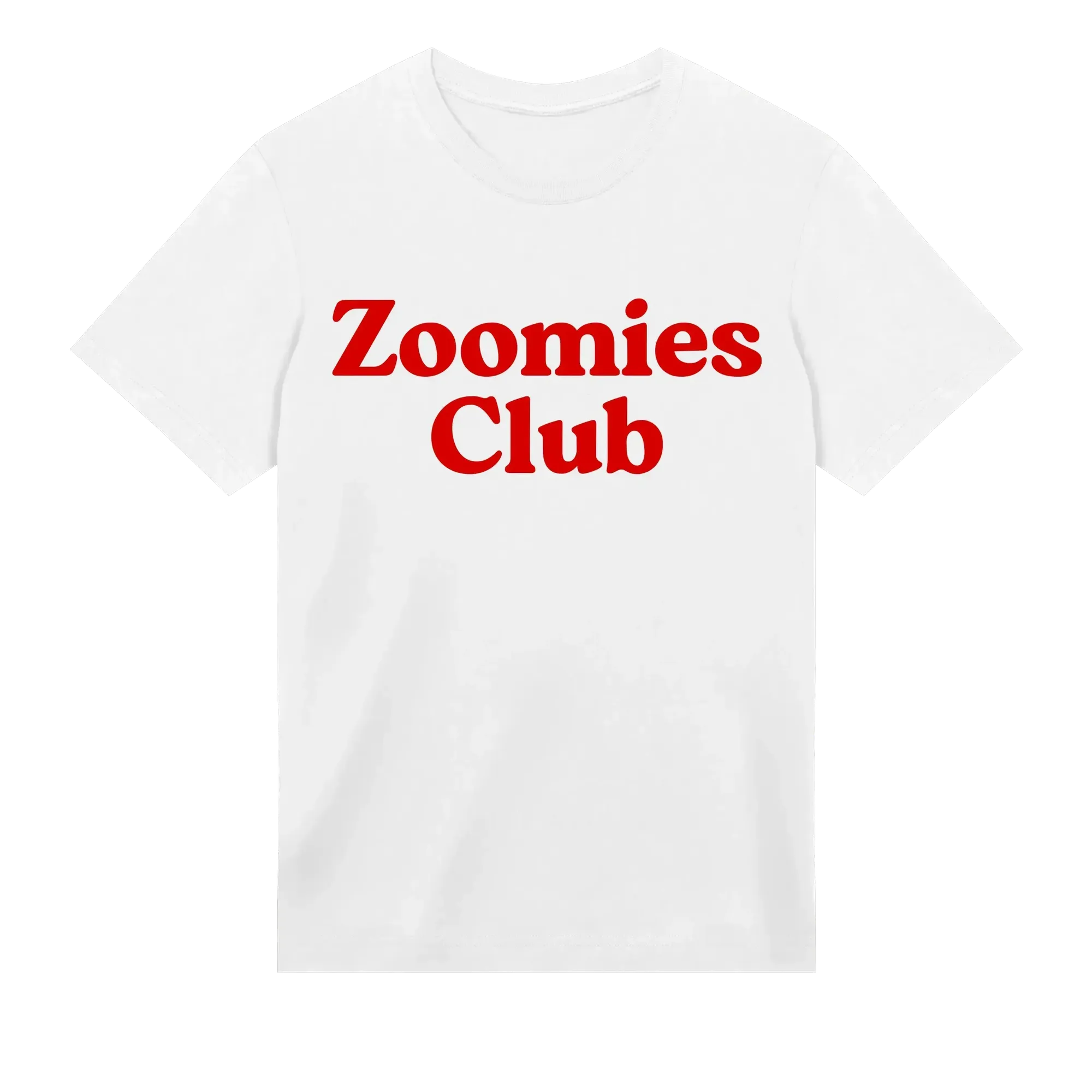 White t-shirt with 'Zoomies Club' text in red on a white background