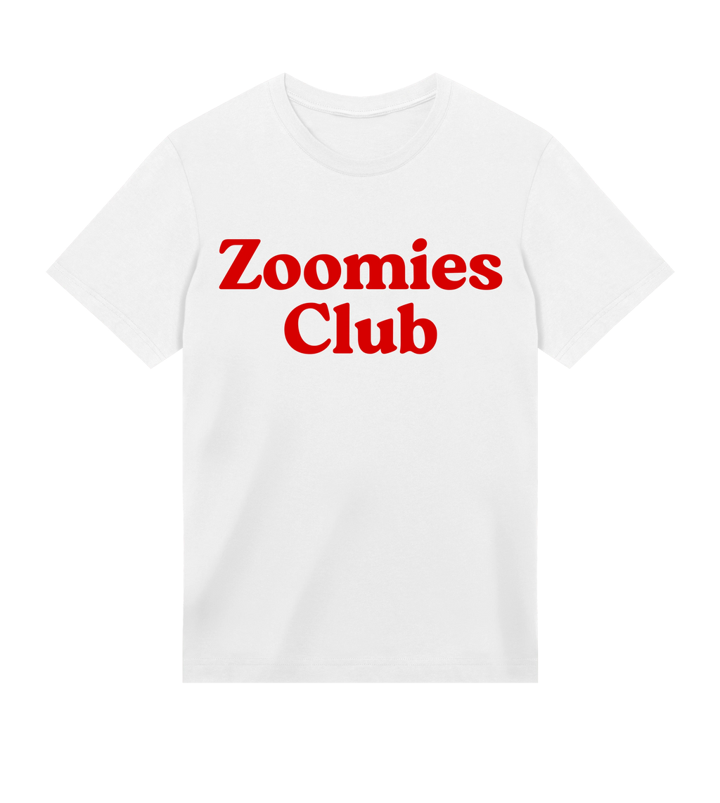 White t-shirt with 'Zoomies Club' text in red on a white background